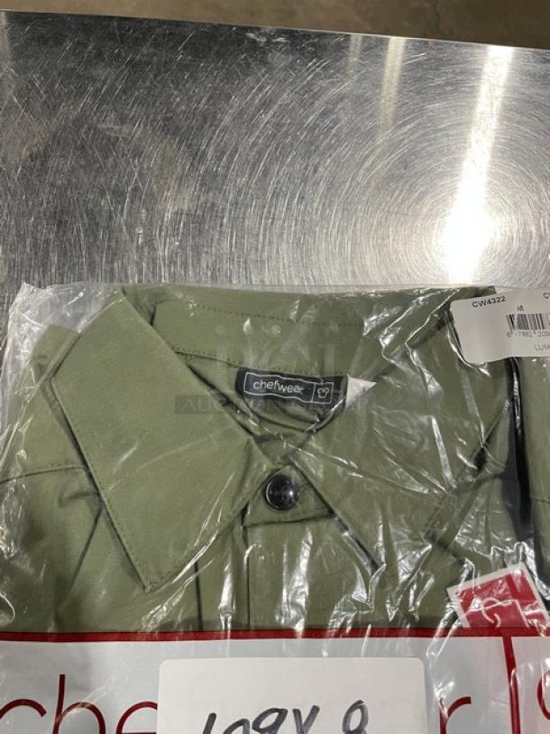 Brand new green Chefwear CW214 chef shirt, medium size, in packaging. Includes tags with brand and model details.