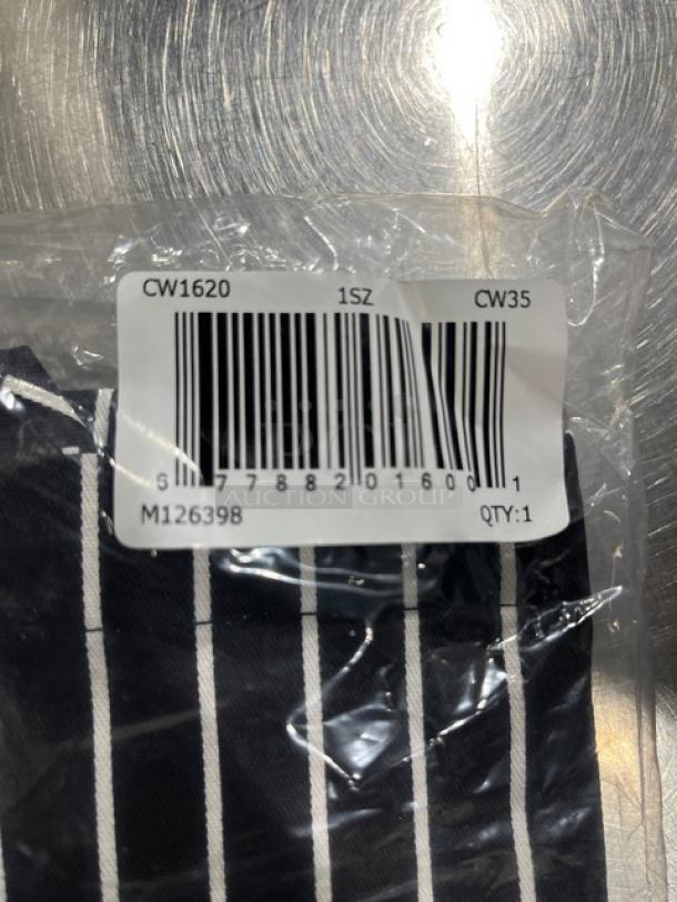 Chefwear CW35 black chalk-stripe chef pants in packaging, model CW35, barcode visible. Brand new condition.