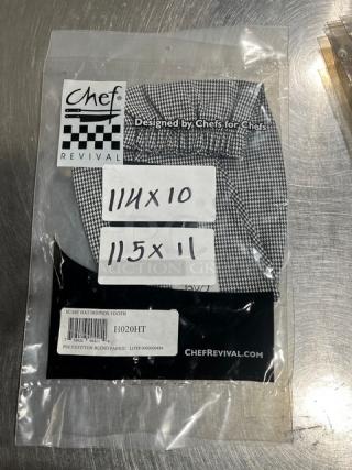 Brand new Chef Revival Houndstooth Chef Headwrap/Scarf Hat, Model H020HT, poly/cotton blend, in packaging.