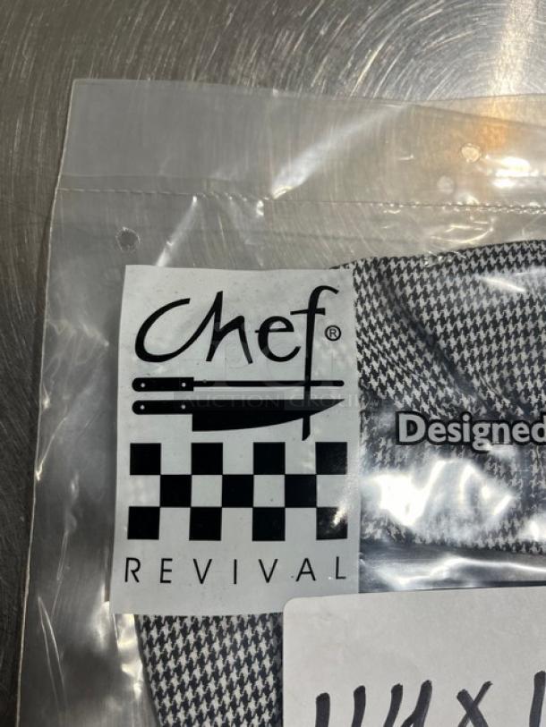 Brand new Chef Revival H020HT houndstooth chef headwrap/scarf hat; poly/cotton blend, in original packaging.