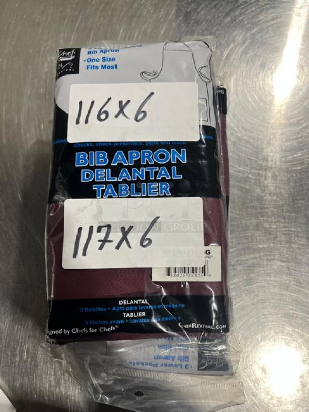 Chef Revival burgundy bib apron, model 612BAFH-BG, brand new in packaging. Features three lower pockets, one-size-fits-most.