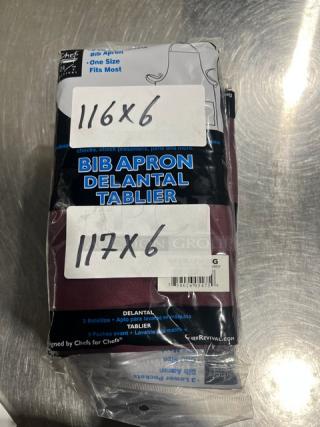 Chef Revival burgundy bib apron, model 612BAFH-BG, brand new in packaging. Features three lower pockets, one-size-fits-most.