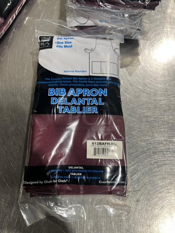 Chef Revival burgundy bib apron, model 612BAFH-BG, brand new in packaging. One-size-fits-most, with 3 lower pockets.