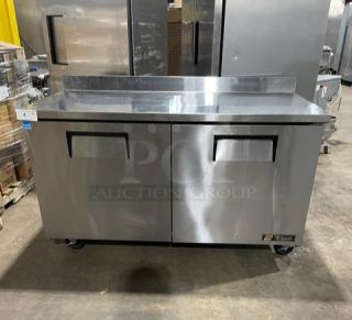 True Commercial Stainless Steel Solid 2 Door Worktop Refrigerator! Energy Star Certified! With Back Splash! With Poly Coated Wired Rack! Model: TWT-60 SN: 7619487! 115V 1 Phase! On Casters! - Item #1206511