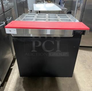 Continental Commercial Black Single Door Refrigerated Mega Top Salad/Sandwich Prep Table! With Stainless Steel Worktop! With Red Cutting Board & Clear Food Pans! With Poly Coated Wired Rack! Model: SW32-12M SN: 15768410! 115V 1 Phase! On Casters! - Item #1206531