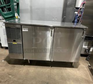 GlasTender stainless steel 2-door low profile refrigerated back bar cabinet, model LP60L6SSLL, with poly-coated wired rack on legs.