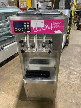 Stoelting F231-30912P-AD1 twin/twist soft serve machine, stainless steel, 2 hoppers, drip tray, on casters, working condition.