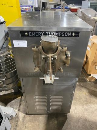 Emery Thompson Model 20NW stainless steel batch freezer, SN: 29377, for ice cream/yogurt, 220V 3-phase, used condition.