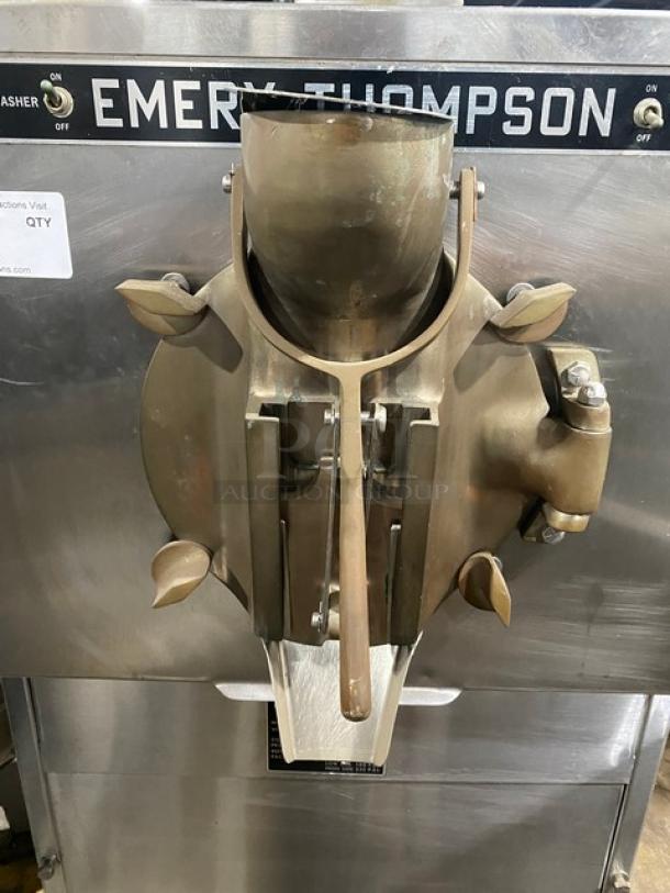 Emery Thompson 20NW commercial stainless steel ice cream batch freezer, electric, 220V, 3 phase, SN 29377, visible front detail.