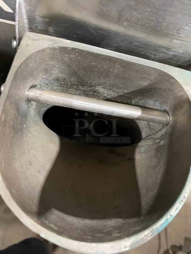 Emery Thompson Model 20NW stainless steel commercial batch freezer, used, visible mixing chamber, 220V 3 Phase.