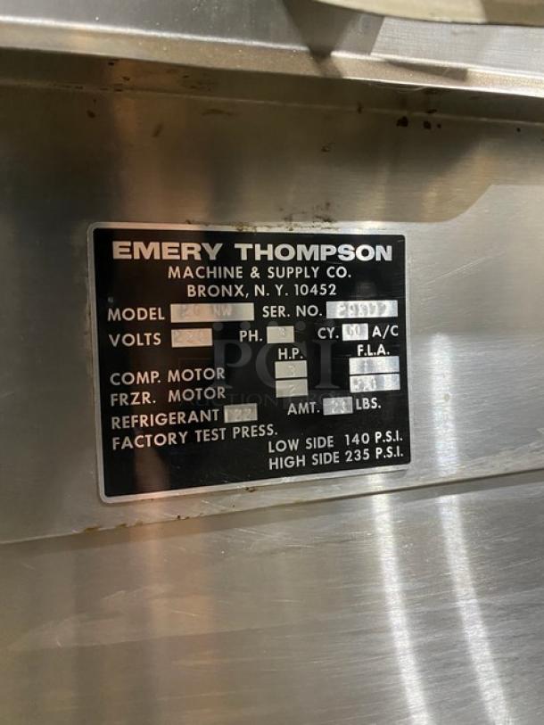 Emery Thompson 20NW stainless steel ice cream batch freezer label, model 20NW, SN: 29377, 220V, 3-phase, Bronx, NY.