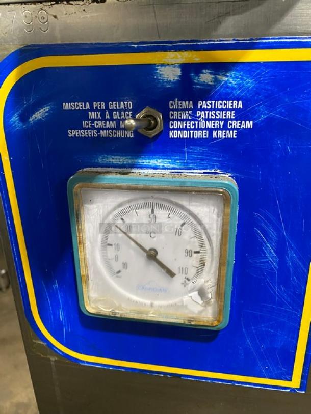 Carpigiani PASTOCREMA55 cream cooker/pasteurizer, stainless steel, electric, 220V 3-phase, on casters, temperature gauge shown.