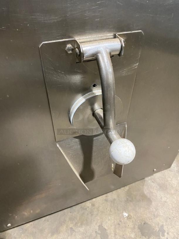 Carpigiani PASTOCREMA55 cream cooker/pasteurizer, stainless steel, 220V 3-phase, on casters, visible handle mechanism.