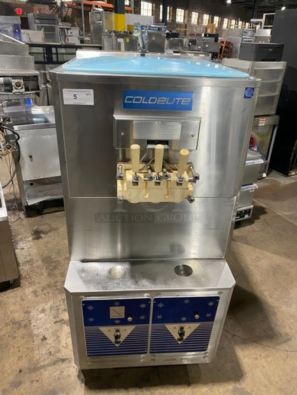 ColdElite UF820-2 commercial ice cream machine, stainless steel, twin/twist soft serve, 208V 3 phase, on casters.