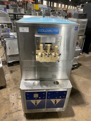 ColdElite UF820-2 commercial ice cream machine, stainless steel, twin/twist soft serve, 208V 3 phase, on casters.