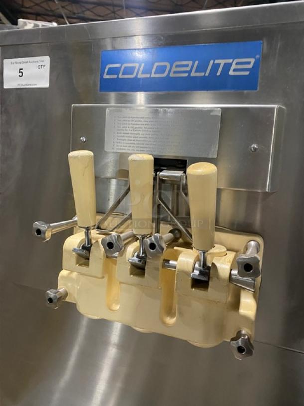 ColdElite UF8202 commercial soft serve machine, stainless steel, twin/twist, electric, on casters, 208V 3 Phase.