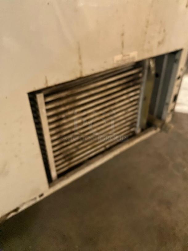 Beverage-Air ice cream/frozen yogurt cabinet, sneeze guard, rear double lift-up doors, fair condition, visible wear.