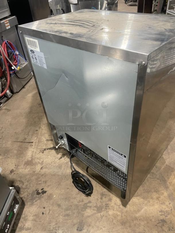 Valpro VPIM280 stainless steel ice maker, electric-powered, 115V, commercial grade, on legs. Visible labels with specs.