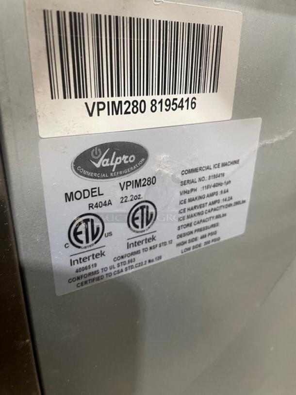 Valpro ice machine model VPIM280 label, showing serial number 8195416, ETL certification, and electrical specifications.
