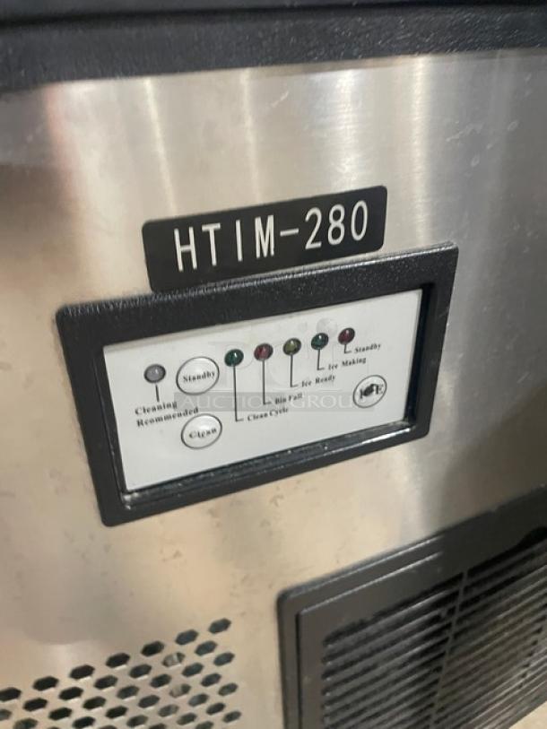 Valpro VPIM280 stainless steel ice maker, electric-powered, 115V, SN: 8195416. Control panel visible, on legs.