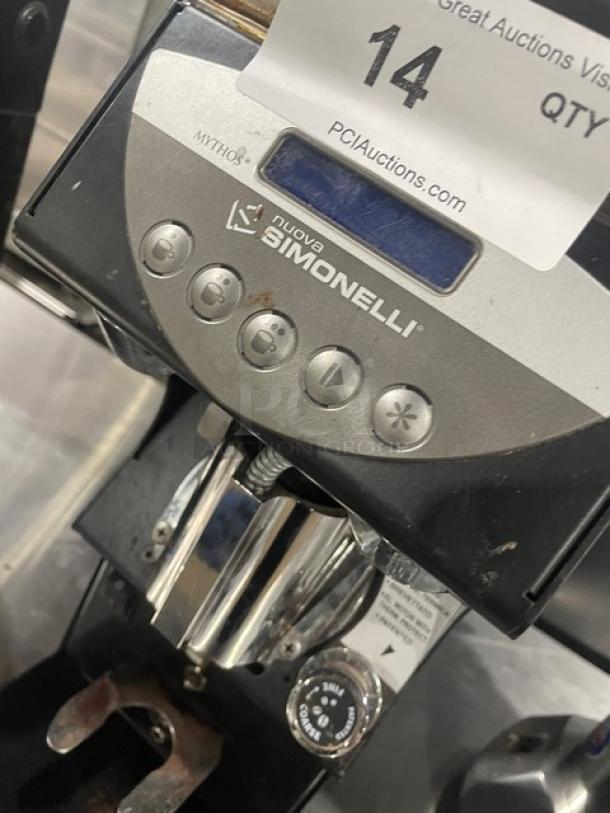 Nuova Simonelli 2018 Mythos Silent espresso grinder, black, model MYTHOSSILENT, electric, countertop, 110-120V, on legs.