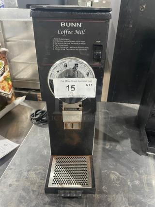 Bunn Coffee Mill G1HD, commercial black electric grinder, 120V, countertop design, visible wear, model G100024551.