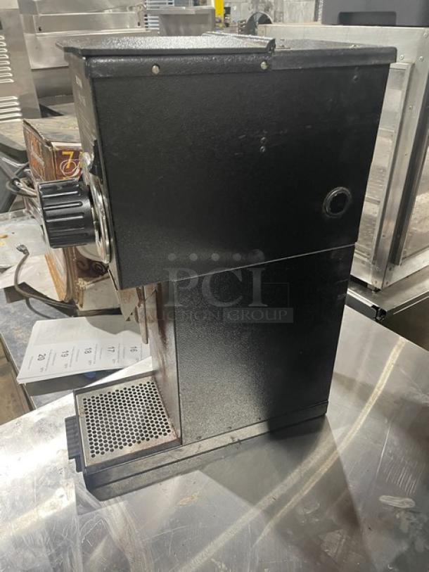 Bunn G1HD commercial coffee grinder, black, electric, countertop model. Good condition, 120V, 1 phase, visible serial number.