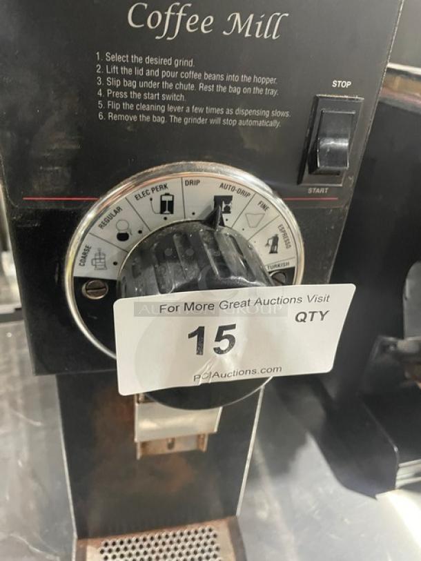 Bunn G1HD Coffee Mill, commercial black electric espresso grinder, 120V, dial settings visible, auction tag labeled 15.