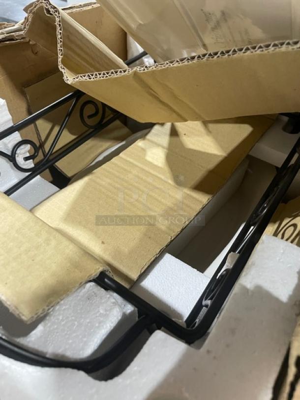 NEW commercial stoneware bake set in packaging with decorative wrought iron stand, pristine condition, includes original boxes.