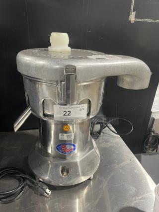 Ruby 2000 commercial stainless steel juice extractor, electric powered, model RUBY2000, SN: 7681, 115-117V, on legs.