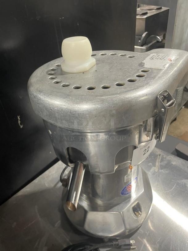 Ruby 2000 stainless steel juice extractor, electric, heavy-duty, countertop model on legs, SN: 7681, 115-117V, 1 phase.