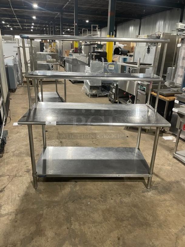 Sapphire commercial stainless steel worktop table with single undershelf and double overhead shelf on sturdy legs, excellent condition.