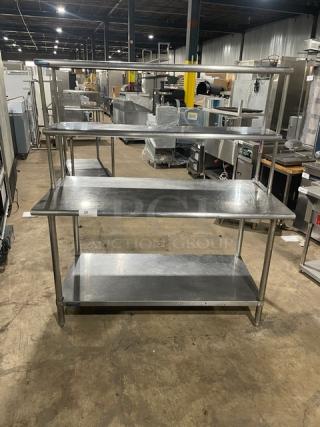 Sapphire commercial stainless steel worktop table with single undershelf and double overhead shelf on sturdy legs, excellent condition.