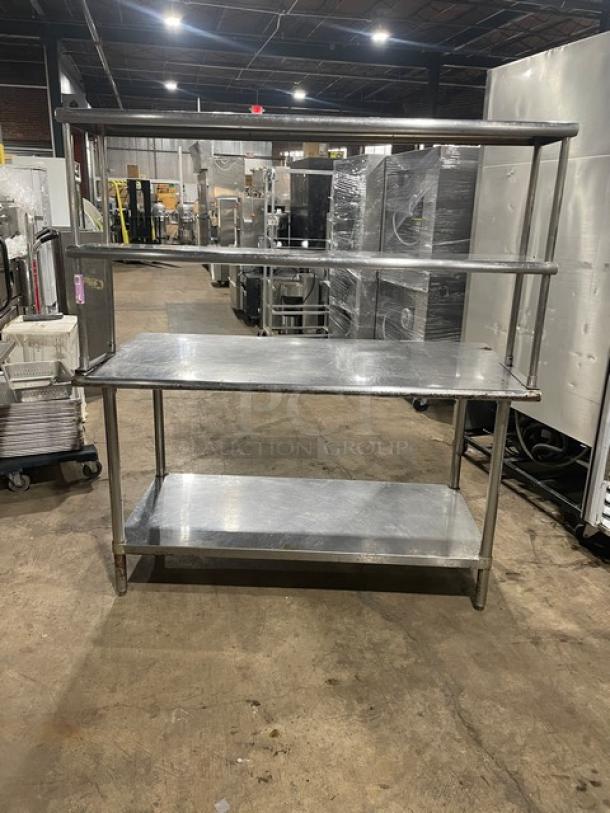 Sapphire commercial stainless steel worktop table with single undershelf, double overhead shelves, and sturdy legs.