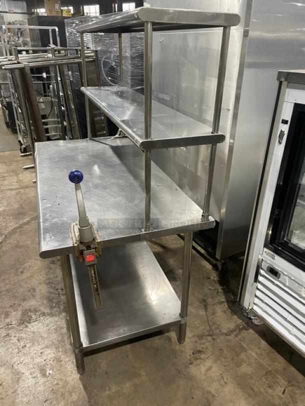 Sapphire stainless steel worktop table with double overhead shelf, Edlund manual can opener, and undershelf.