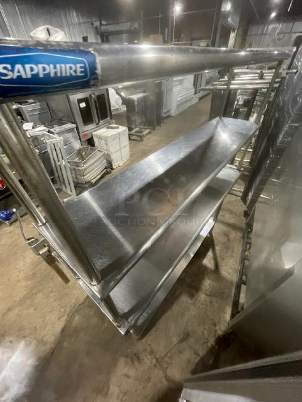 Sapphire stainless steel worktop table with double overhead shelf and undershelf. Includes Edlund manual can opener.