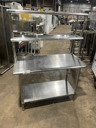 Sapphire commercial stainless steel worktop table with single undershelf, double overhead shelves, on sturdy legs. Excellent condition.