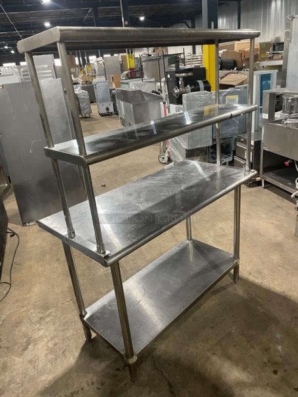 Sapphire stainless steel worktop table with undershelf and double overhead shelf; sturdy legs; excellent condition.
