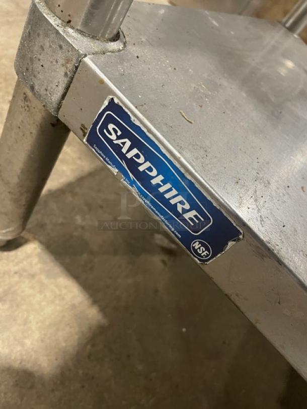 Sapphire stainless steel undershelf worktop table with legs, commercial grade, visible NSF label, used condition.