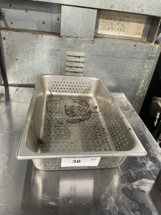 Commercial stainless steel perforated Hotel/Steamtable pan, used condition with visible wear, tag reads "36 QTY."