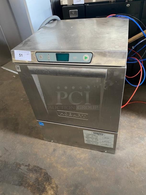 Hobart Advansys LXe Series undercounter dishwasher, stainless steel, Model LXER, SN 231183497, with full-size peg rack, on legs.