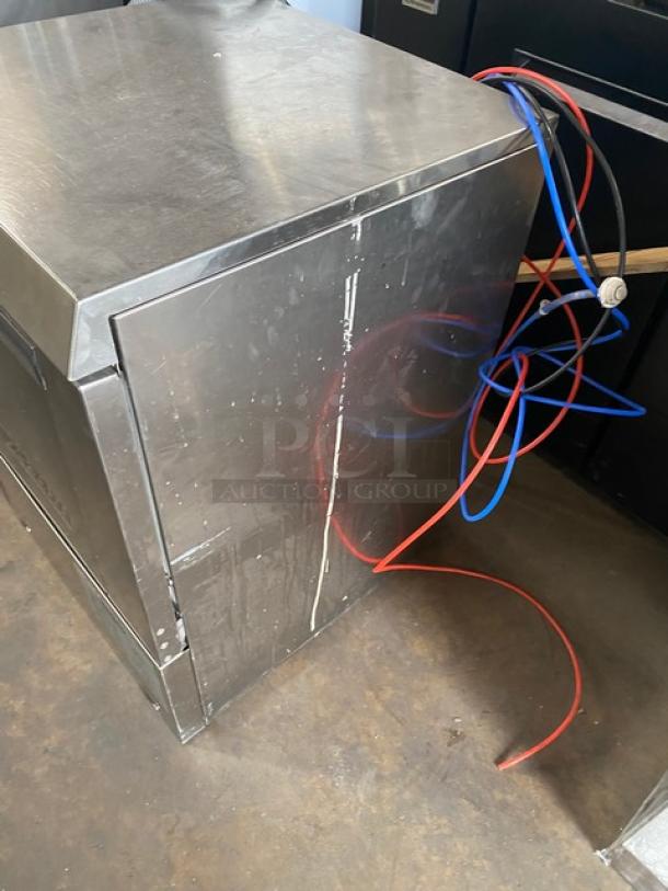 Hobart Advansys LXe stainless steel undercounter dishwasher, model LXER. Includes full-size peg rack. Electric-powered, on legs.