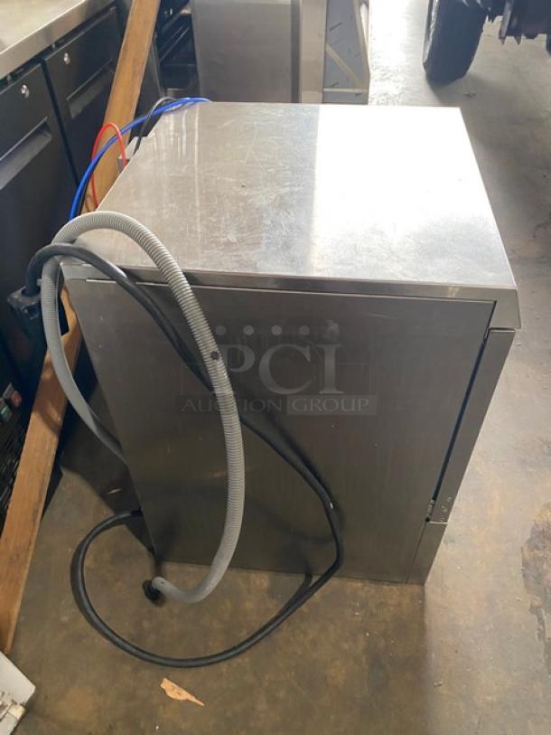 Hobart Advansys LXe LXER stainless steel undercounter dishwasher, electric, high temp, with peg rack, on legs.