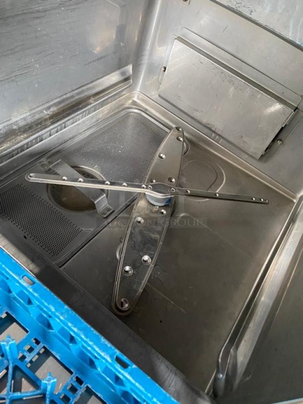 Hobart Advansys LXe Series undercounter dishwasher, stainless steel, Model LXER, with peg rack, high-temperature, on legs.