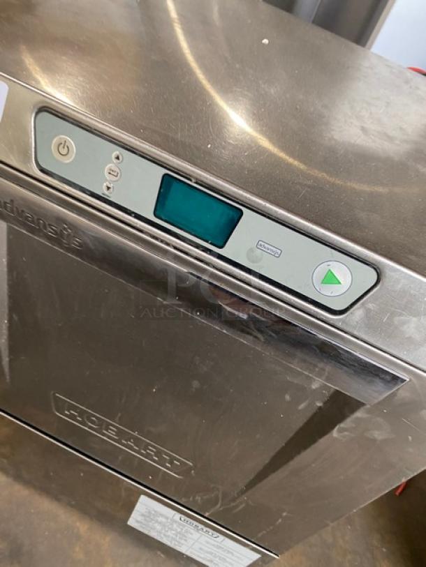 Hobart Advansys LXe commercial stainless steel dishwasher, model LXER, electric high-temp, with peg rack, on legs.
