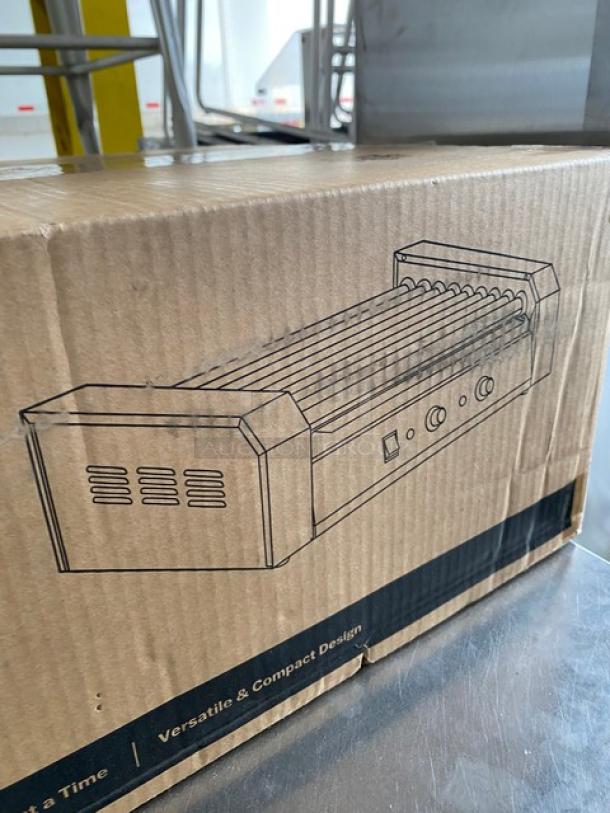 Brand new Carnival King 24-Count Hot Dog Roller Grill in box. Features dual temperature controls, non-skid feet, 120V.