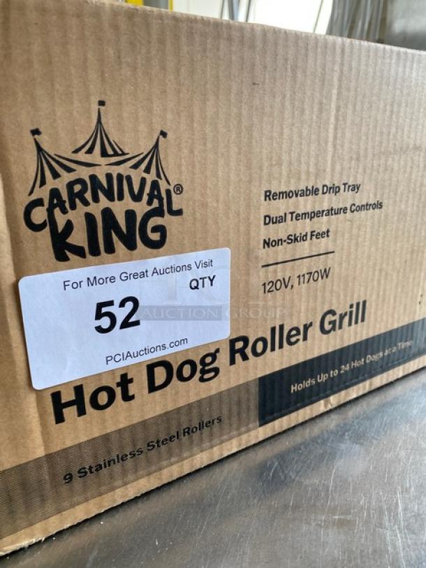 Brand new Carnival King 24-count hot dog roller grill. Features dual temperature controls, removable drip tray, and non-skid feet.