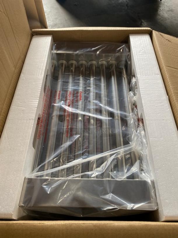 Brand new Carnival King 24-count hot dog roller grill in packaging, stainless steel, dual temperature controls, 120V.