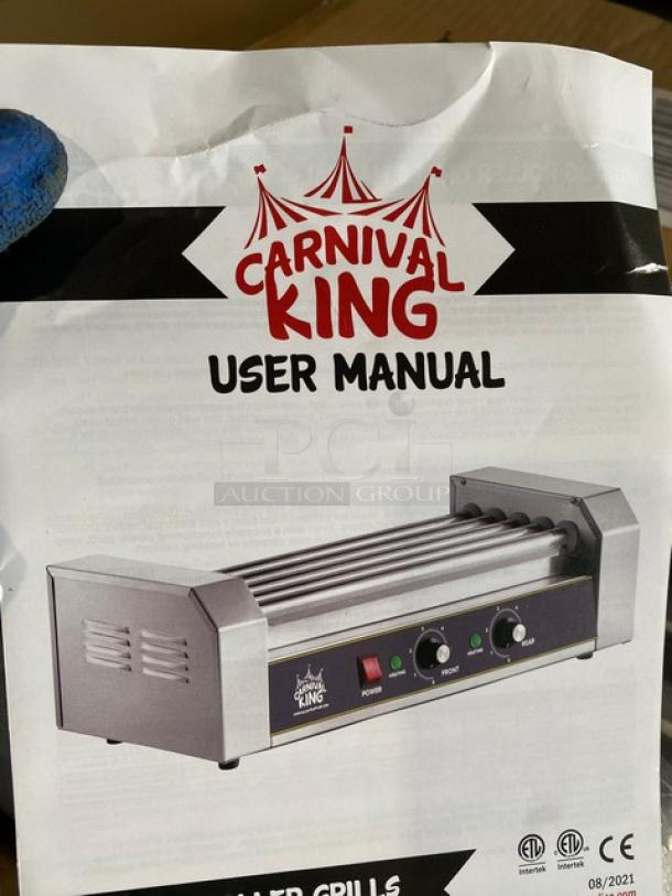 Carnival King hot dog roller grill user manual showing product image and logo.