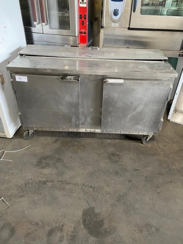 Beverage-Air SP60-16 stainless steel 2-door refrigerated prep table with casters, commercial-grade, 115V, good condition.